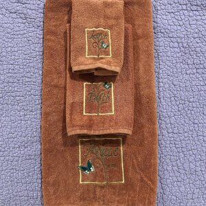 3 Towels Saturday Knight Cotton Love Faith Peace Auburn Butterflies Embroidered